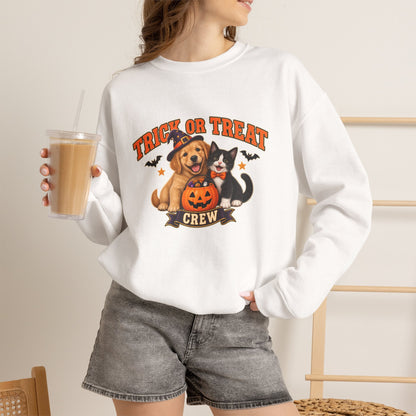 Trick or Treat Crew puppy and kitten Halloween sweatshirt in white
