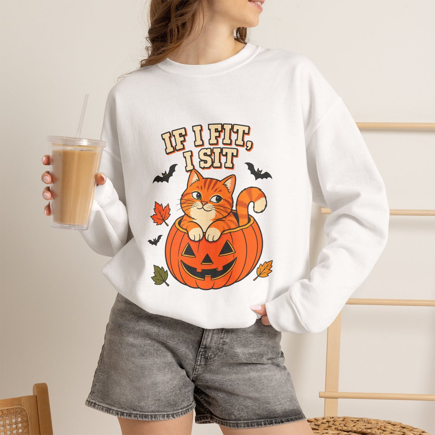 If I Fit, I Sit Halloween Cat Sweatshirt – Pumpkin Cat Crewneck