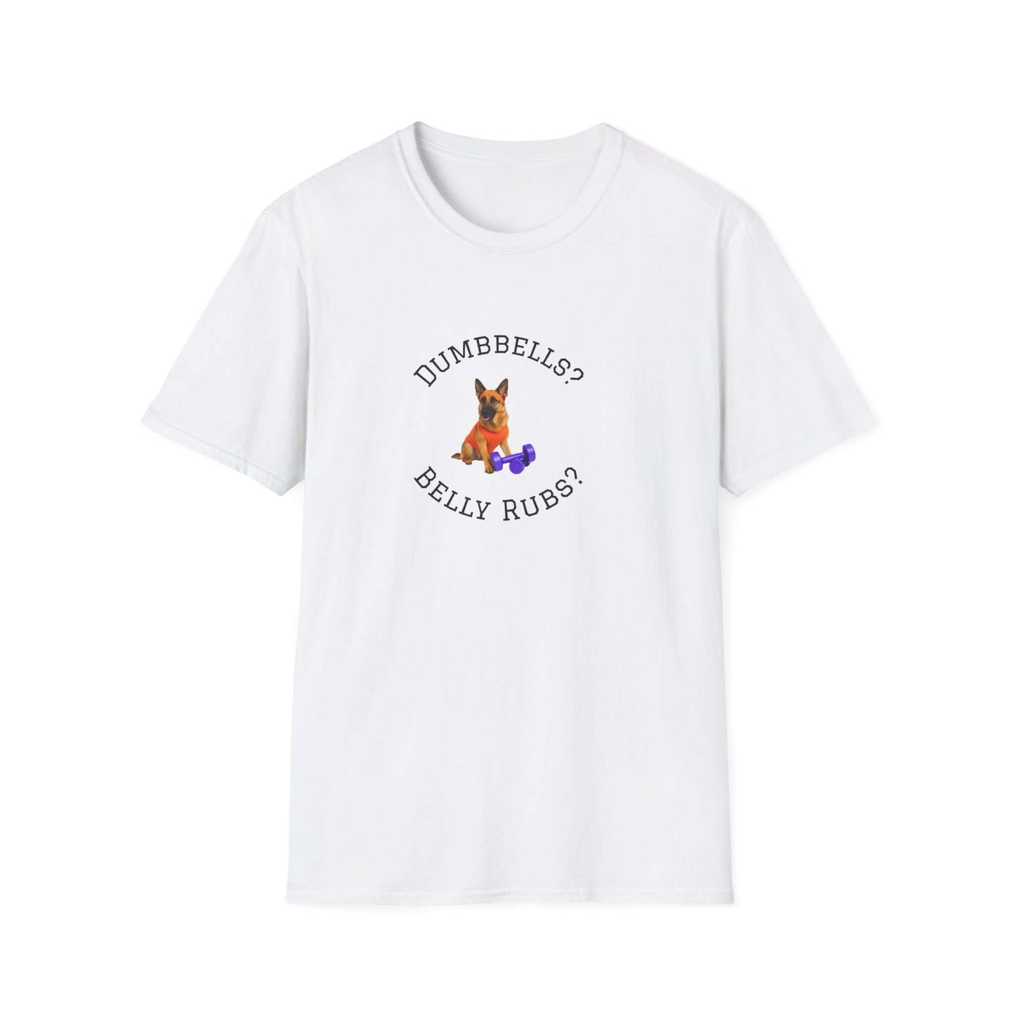 German Shepard Dog Lover Workout Tee –“Belly Rubs or Dumbbells?” featuring a cute dog and workout theme.