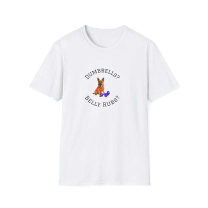 German Shepard Dog Lover Workout Tee –“Belly Rubs or Dumbbells?” featuring a cute dog and workout theme.