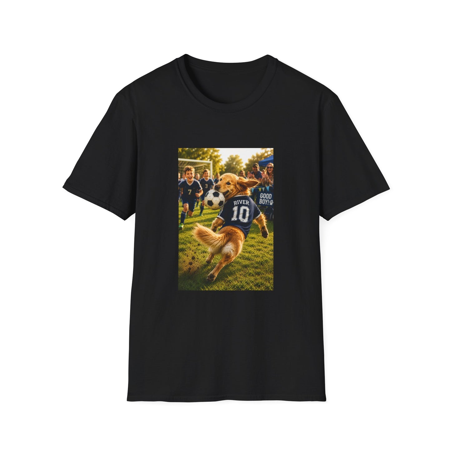 A black short-sleeve crewneck t-shirt featuring a rectangular graphic print on the front. The graphic depicts a golden retriever dog running in a soccer game, wearing a blue jersey with the number 10.