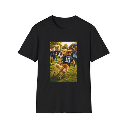 A black short-sleeve crewneck t-shirt featuring a rectangular graphic print on the front. The graphic depicts a golden retriever dog running in a soccer game, wearing a blue jersey with the number 10.