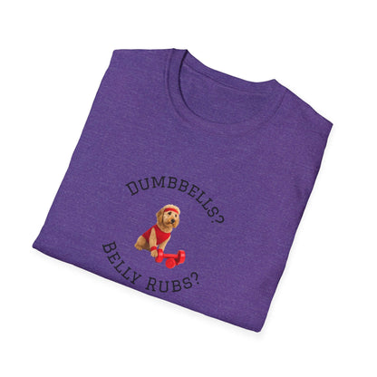 Goldendoodle Dog Lover Workout Tee – “Belly Rubs or Dumbbells?” in purple with dog graphic, perfect for pet lovers.
