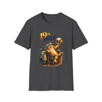 19th Hole funny cat golf T-shirt in dark heather with orange tabby golfer