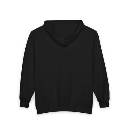 Black unisex Halloween zip-up hoodie with a trick-or-treat ghost design on the left chest