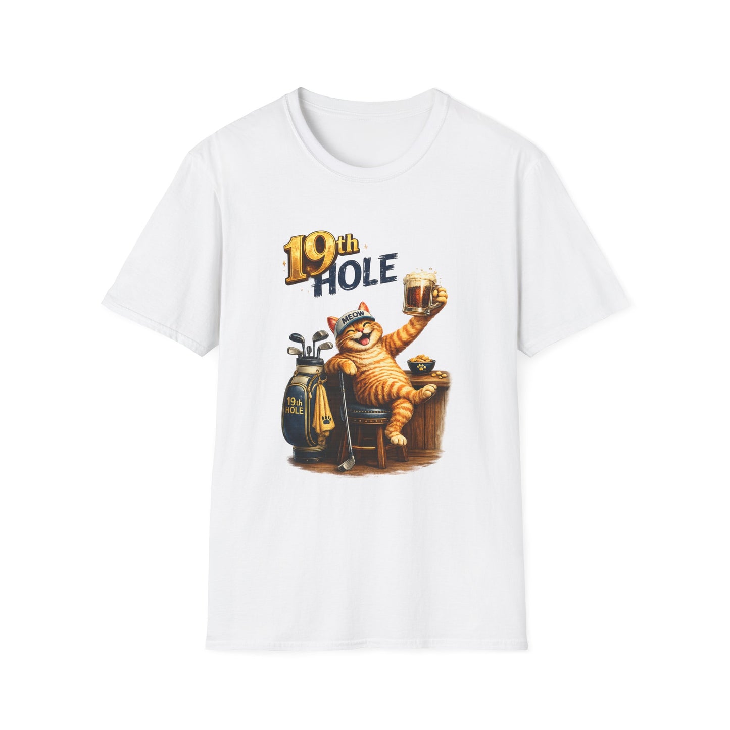 19th Hole funny cat golf T-shirt in white with orange tabby golfer
