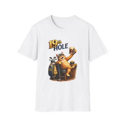 19th Hole funny cat golf T-shirt in white with orange tabby golfer