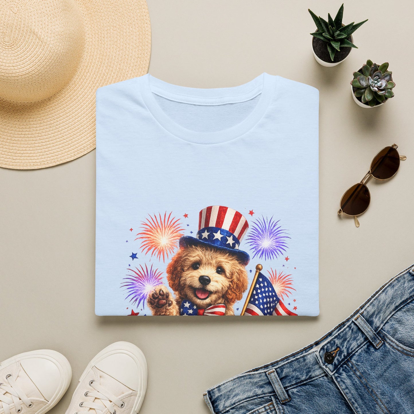 Light blue t-shirt with a dog wearing a patriotic hat and holding an American flag, surrounded by a straw hat, sunglasses, sneakers, and plants on a beige surface.