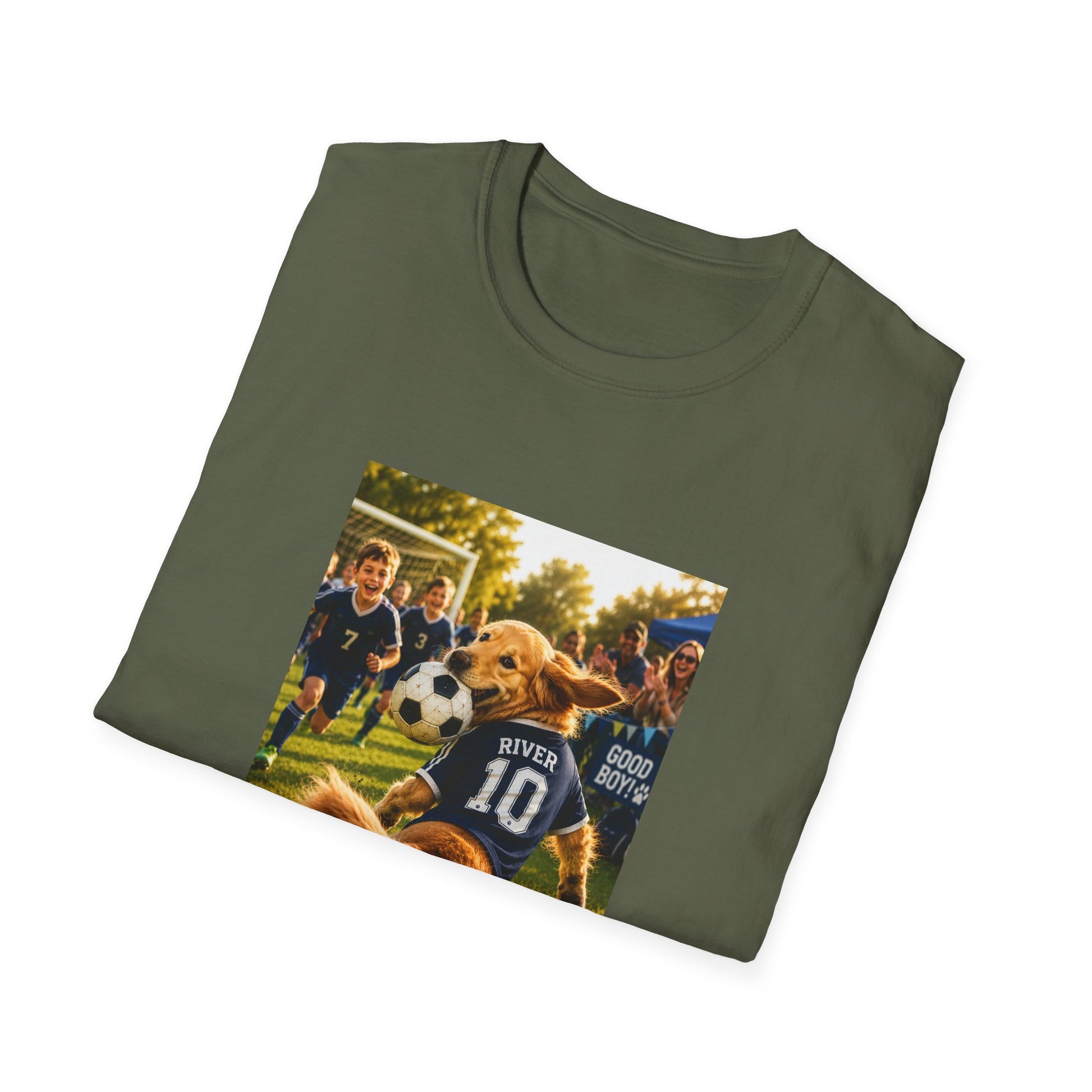 An olive green crewneck t-shirt folded flat, featuring a square graphic print on the front of a golden retriever soccer player wearing a navy jersey with 'RIVER 10' 