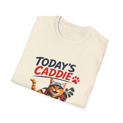 A natural short-sleeve crewneck t-shirt featuring a cartoon graphic of an orange tabby cat wearing a cap and holding golf clubs, with the text 'TODAY'S CADDIE' 