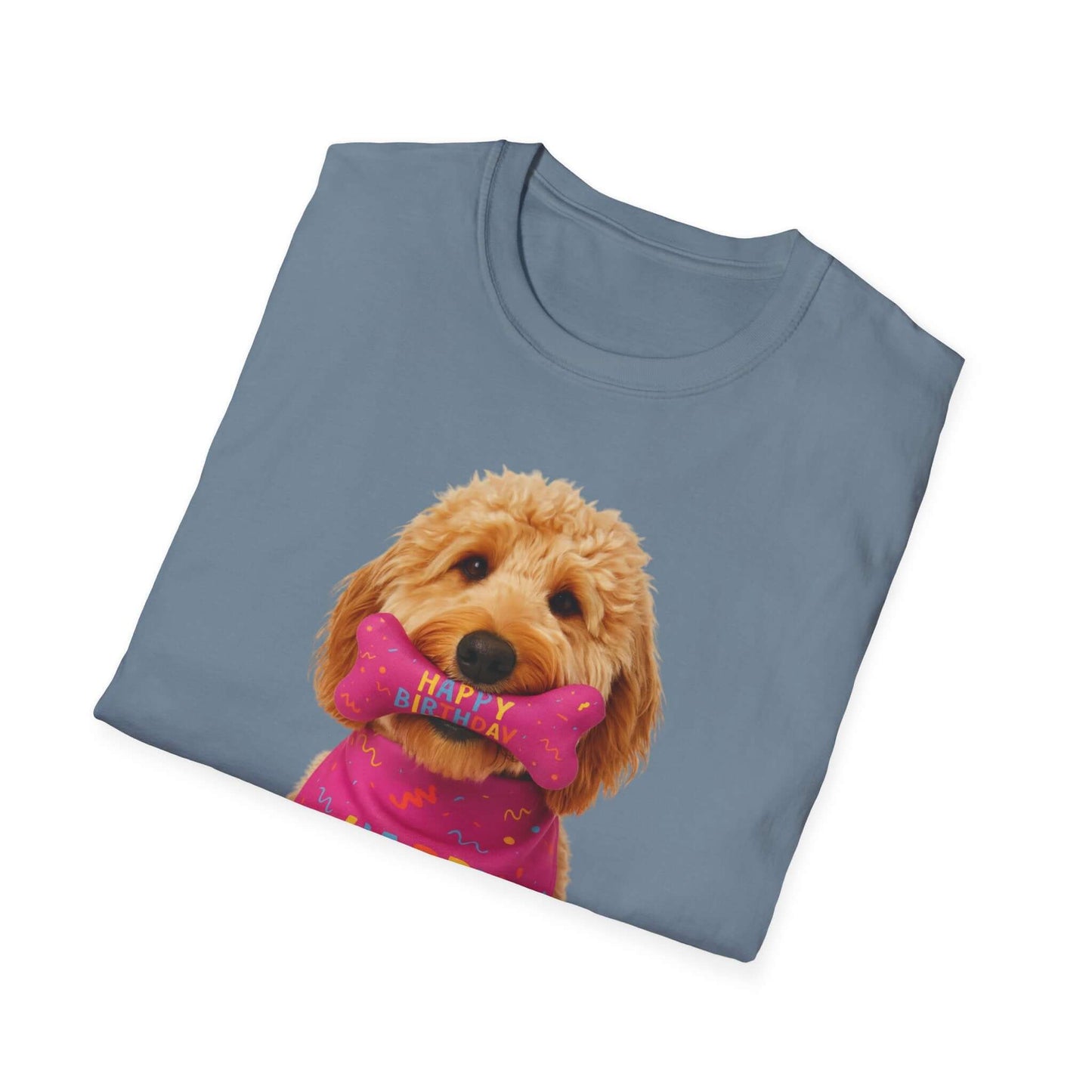 Birthday Dog T-Shirt featuring a cute doodle pup with a bone, perfect pet supplies for dogs.