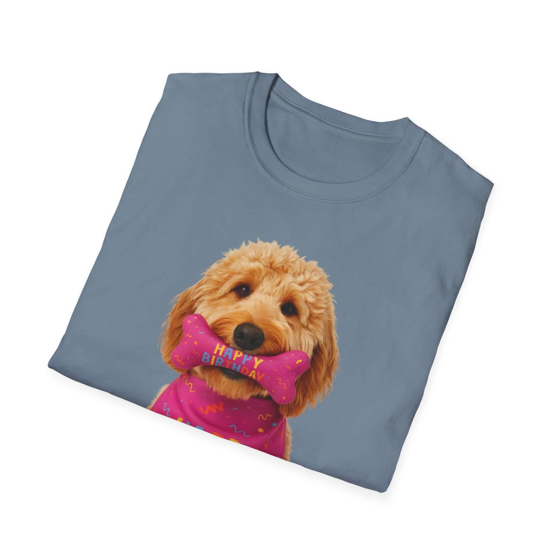 Birthday Dog T-Shirt featuring a cute doodle pup with a bone, perfect pet supplies for dogs.
