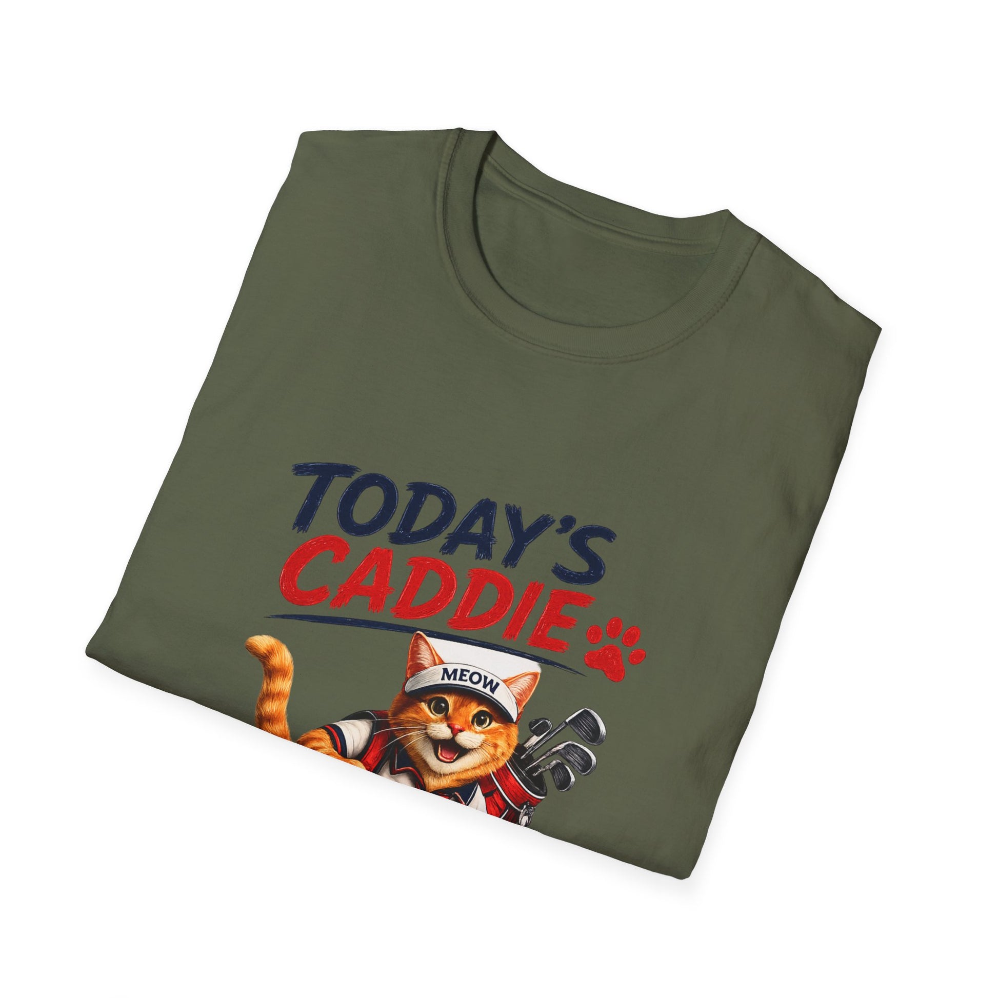 An olive green short-sleeve crewneck t-shirt featuring a cartoon graphic of an orange tabby cat wearing a cap and holding golf clubs, with the text 'TODAY'S CADDIE' 
