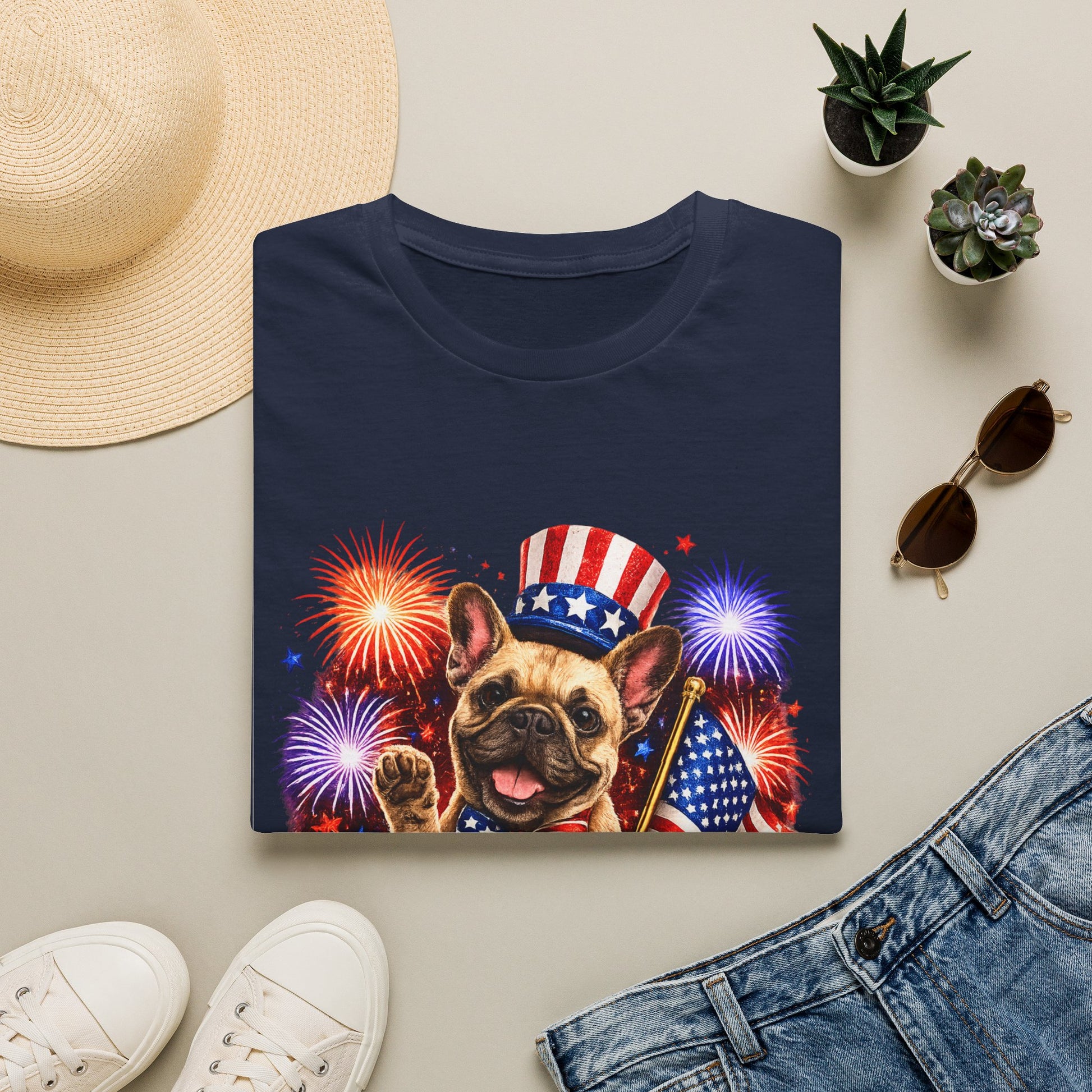 Navy blue t-shirt with a dog wearing a patriotic hat and fireworks design, surrounded by a hat, sunglasses, and jeans on a light background.