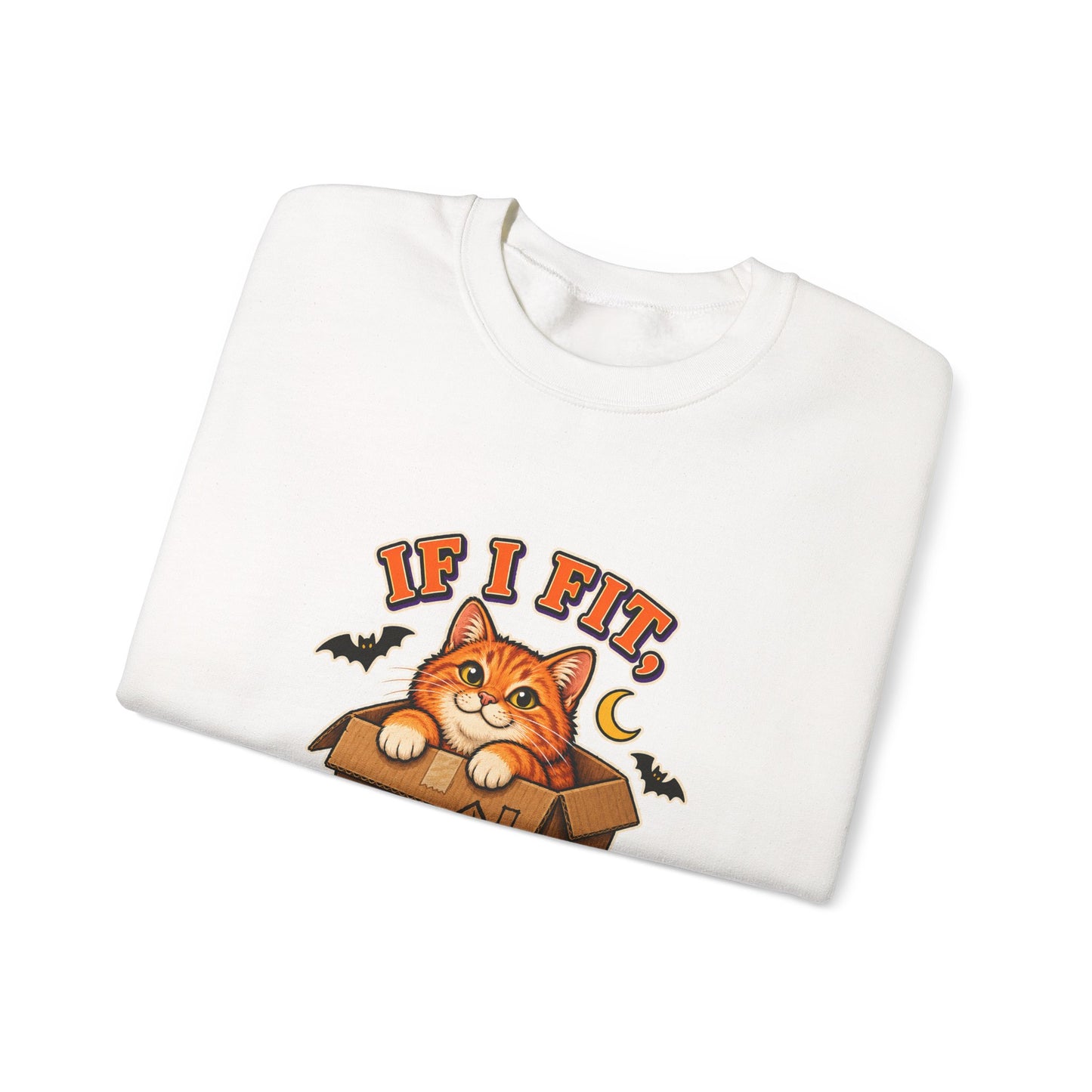 If I Fit I Haunt It Halloween cat sweatshirt in white
Orange tabby in haunted cardboard box on Halloween sweatshirt