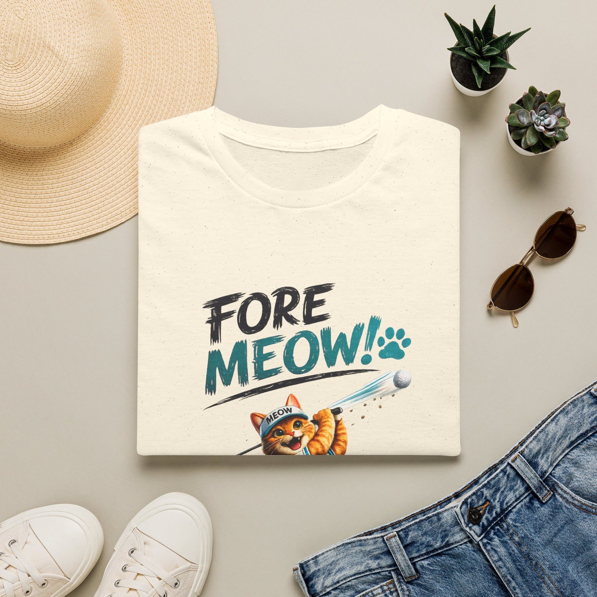 A folded cream-colored t-shirt with a graphic that reads 'FORE MEOW!' in black and teal lettering, featuring a cartoon orange tabby cat wearing a blue cap. The shirt is styled in a flat-lay arrangement with a straw hat, white sneakers, blue jeans, and small potted succulents on a light gray background.