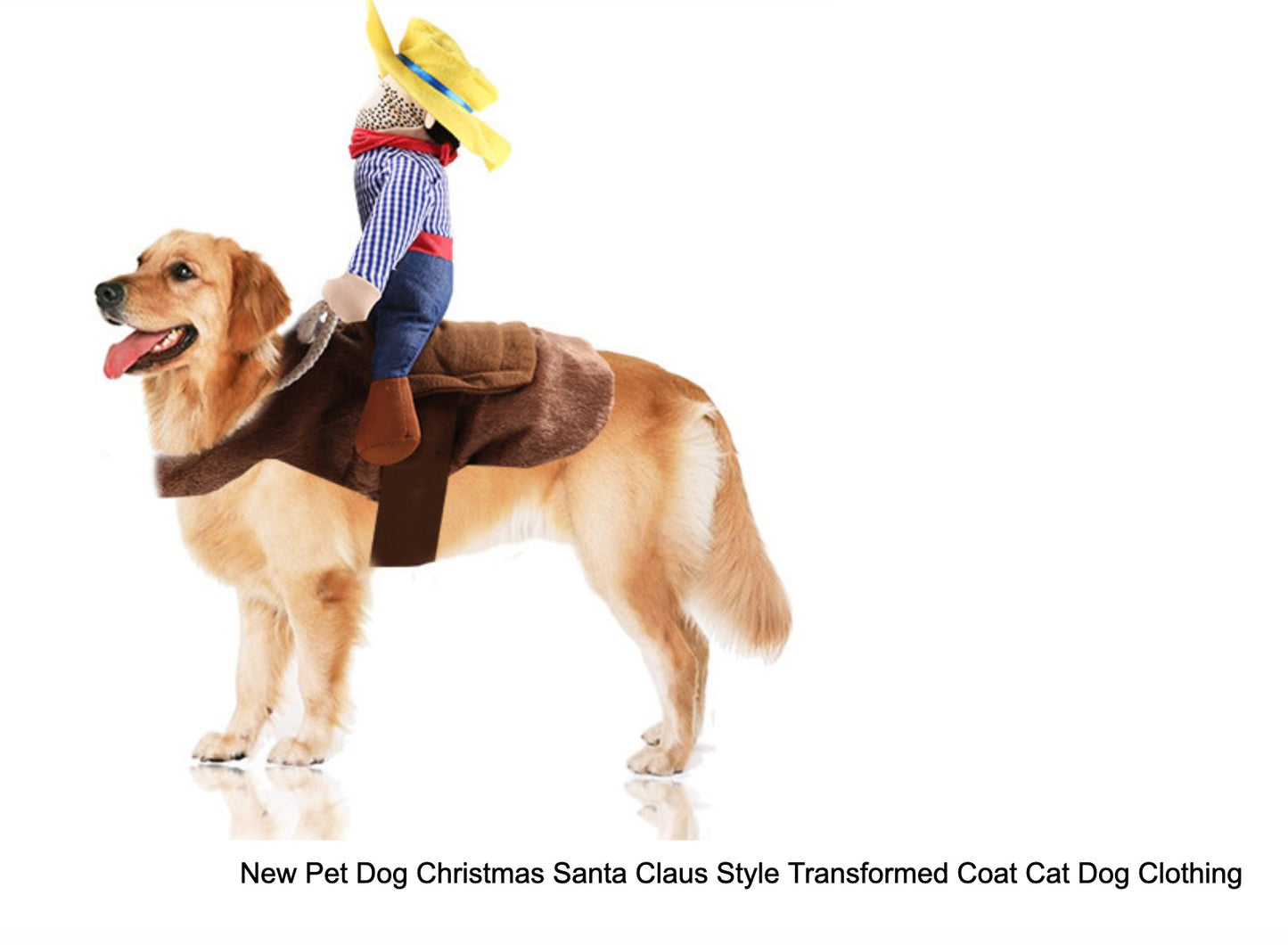 Dog wearing a Santa Claus-style transformed coat with a small figure on a white background