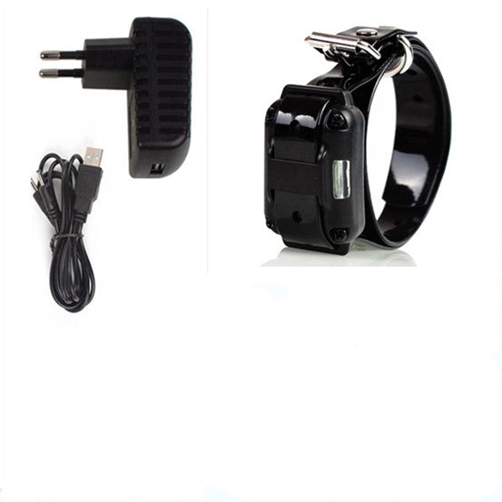 Black electronic dog collar with charger and cable on a white background