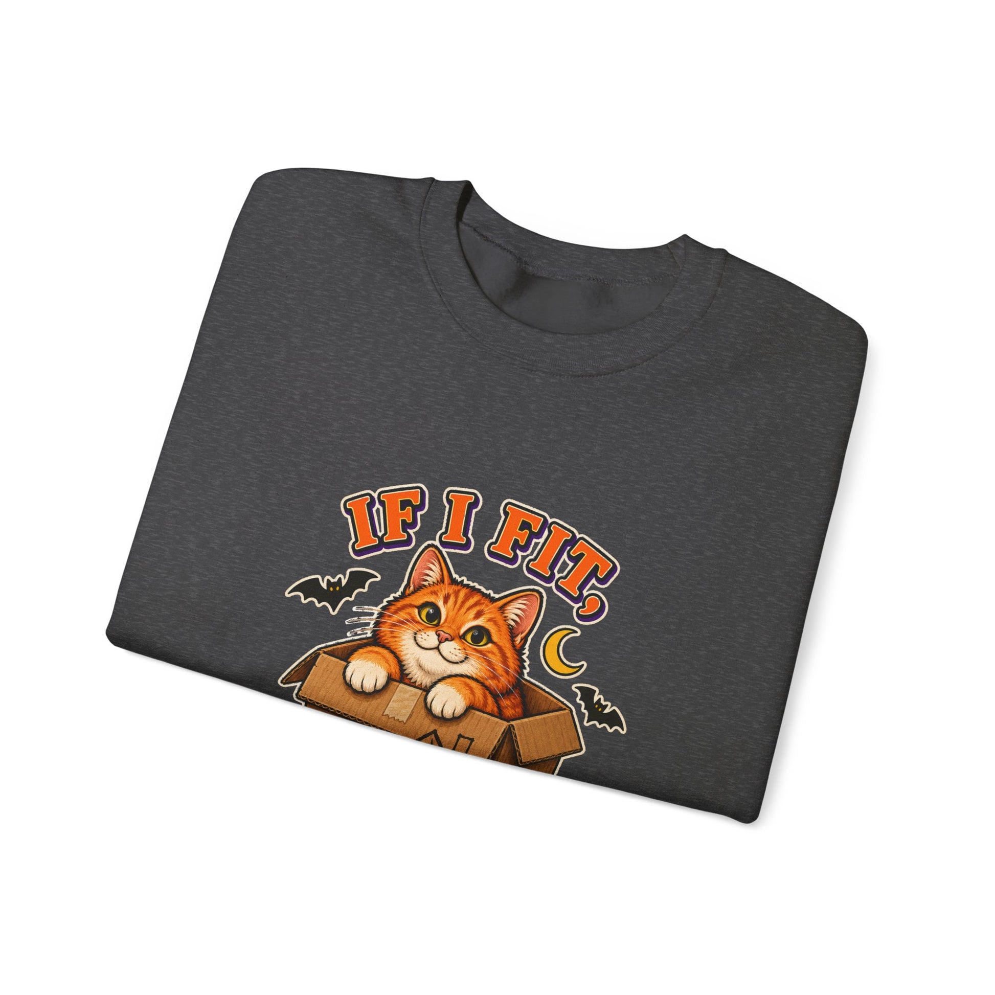 If I Fit I Haunt It Halloween cat sweatshirt in dark heather
Orange tabby in haunted cardboard box on Halloween sweatshirt