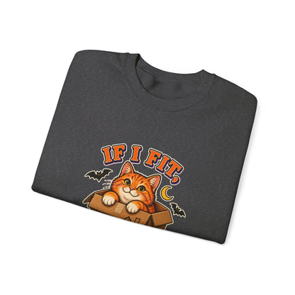 If I Fit I Haunt It Halloween cat sweatshirt in dark heather
Orange tabby in haunted cardboard box on Halloween sweatshirt