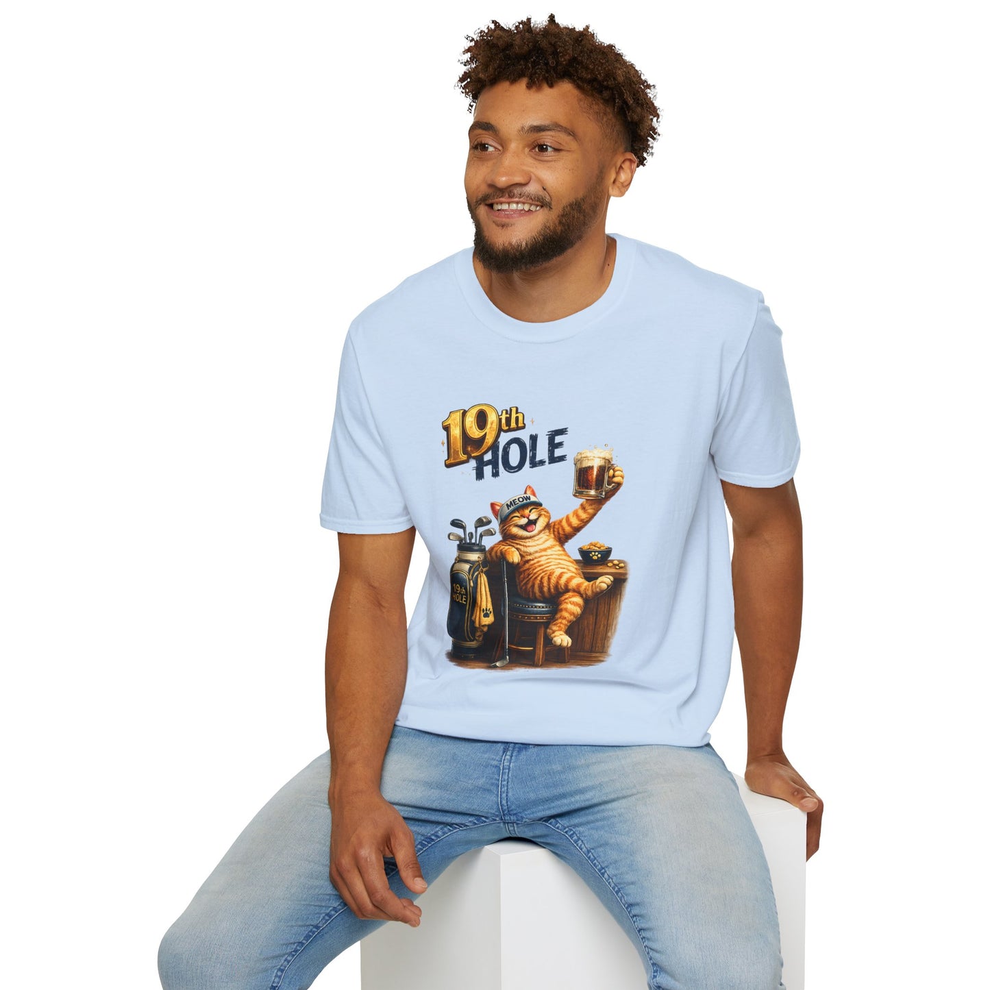 19th Hole funny cat golf T-shirt in light blue with orange tabby golfer