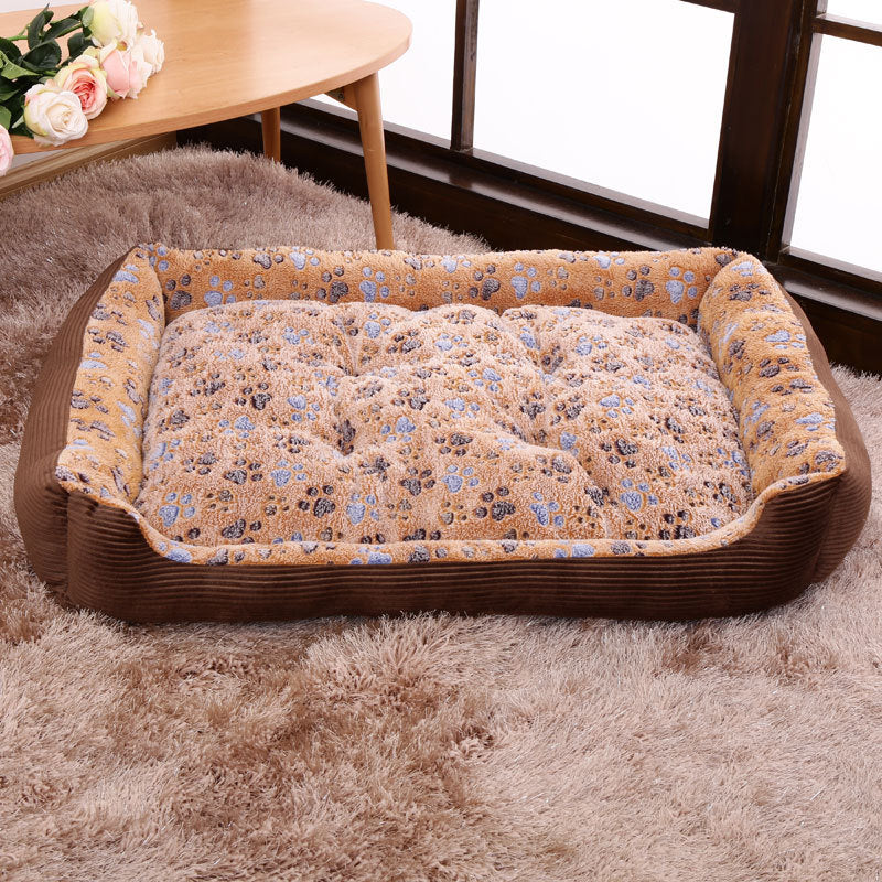 Pet bed with floral pattern on a carpeted floor
