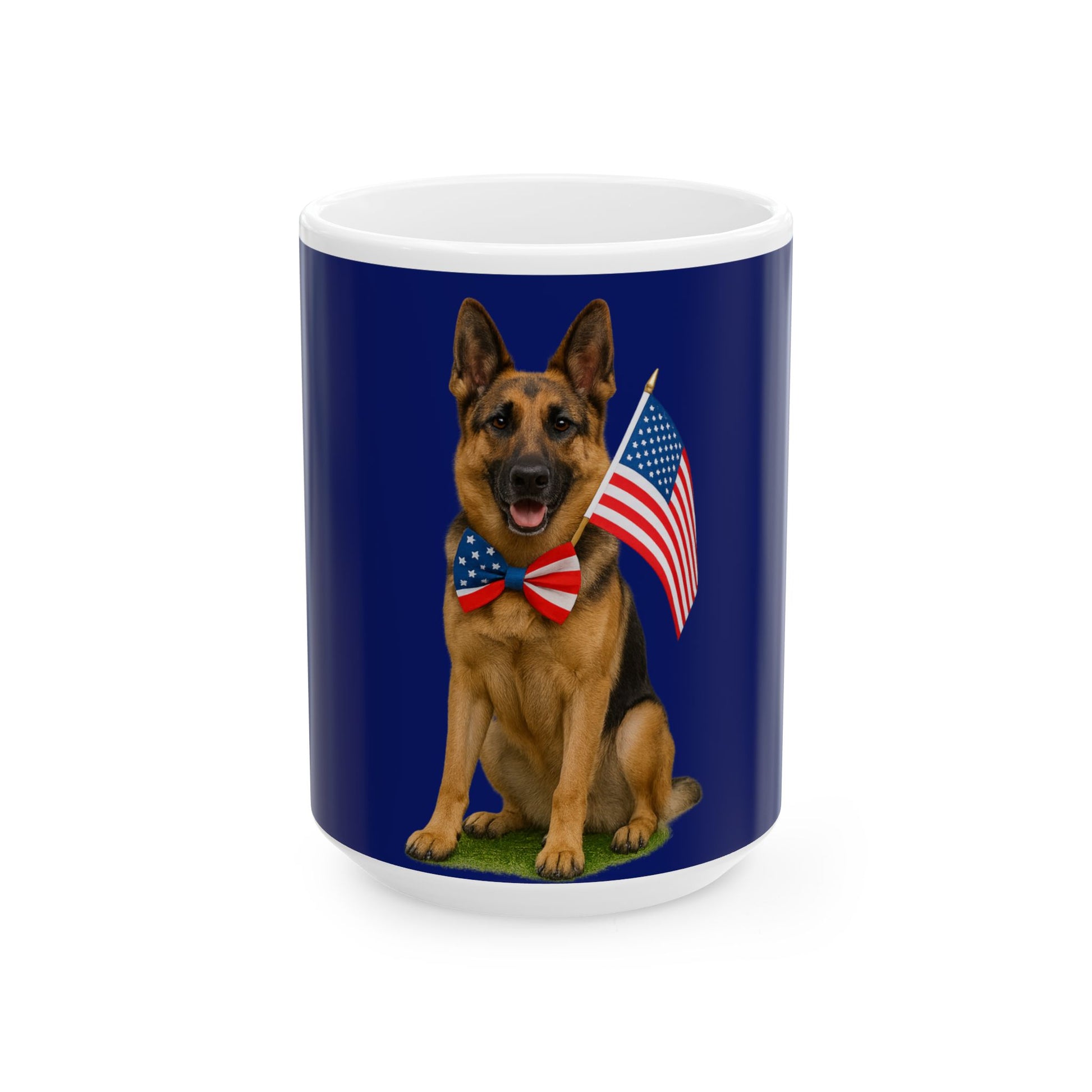 Mug with a German Shepherd holding an American flag on a blue background