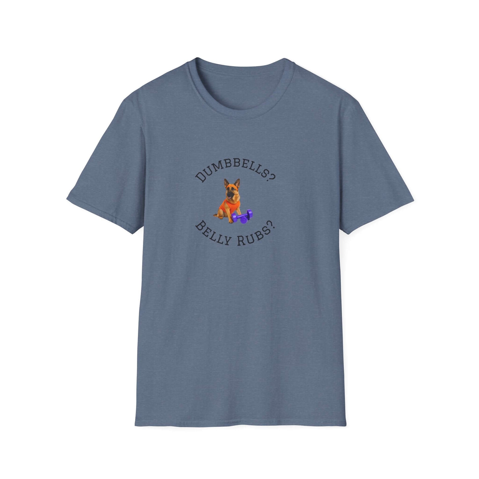 German Shepard Dog Lover Workout Tee –“Belly Rubs or Dumbbells?” featuring a cute pup and dumbbells design.