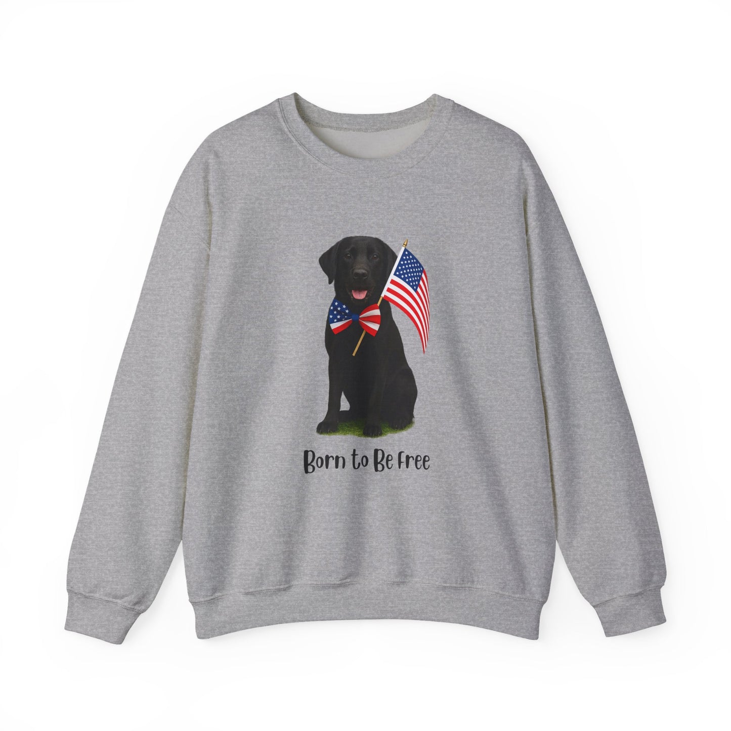 Gray sweatshirt with a black dog holding American flags and 'Born to Be Free' text on a white background