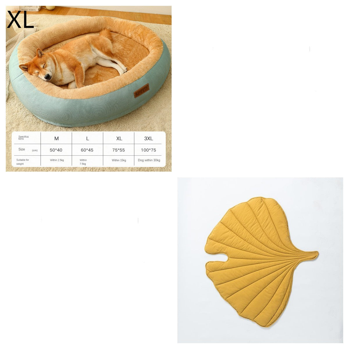 Dog lying in a pet bed with size chart and a yellow leaf-shaped mat on a white background