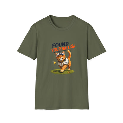 Found Your Ball funny cat golf T-shirt with orange tabby carrying a golf ball-military green