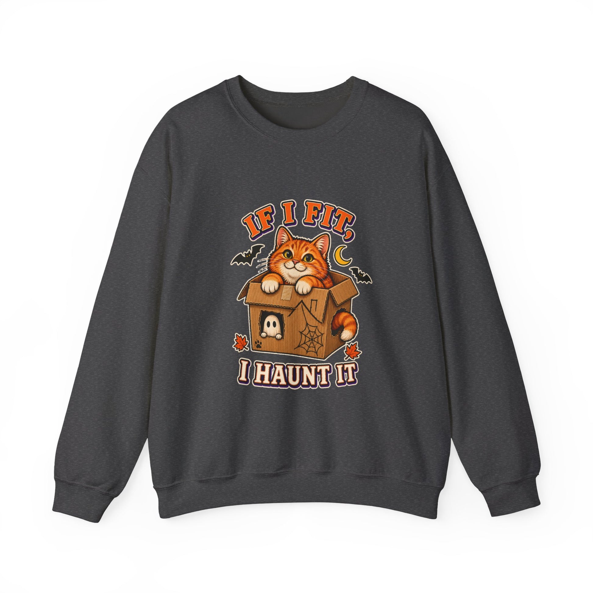 If I Fit I Haunt It Halloween cat sweatshirt in dark heather
Orange tabby in haunted cardboard box on Halloween sweatshirt