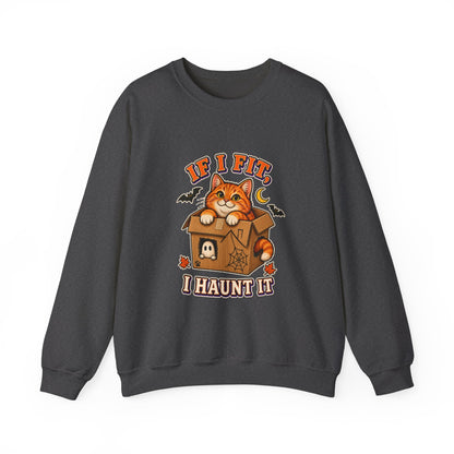 If I Fit I Haunt It Halloween cat sweatshirt in dark heather
Orange tabby in haunted cardboard box on Halloween sweatshirt