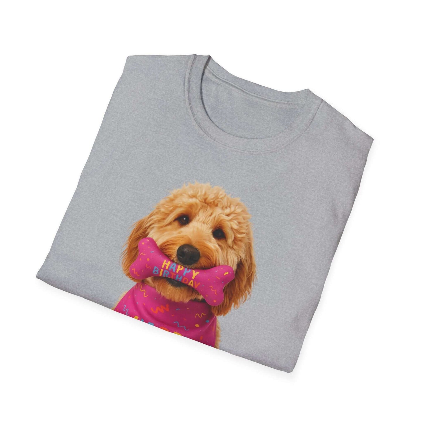 Birthday Dog T-Shirt featuring a cute doodle dog with a bone; perfect pet accessory for dogs' birthday celebrations.