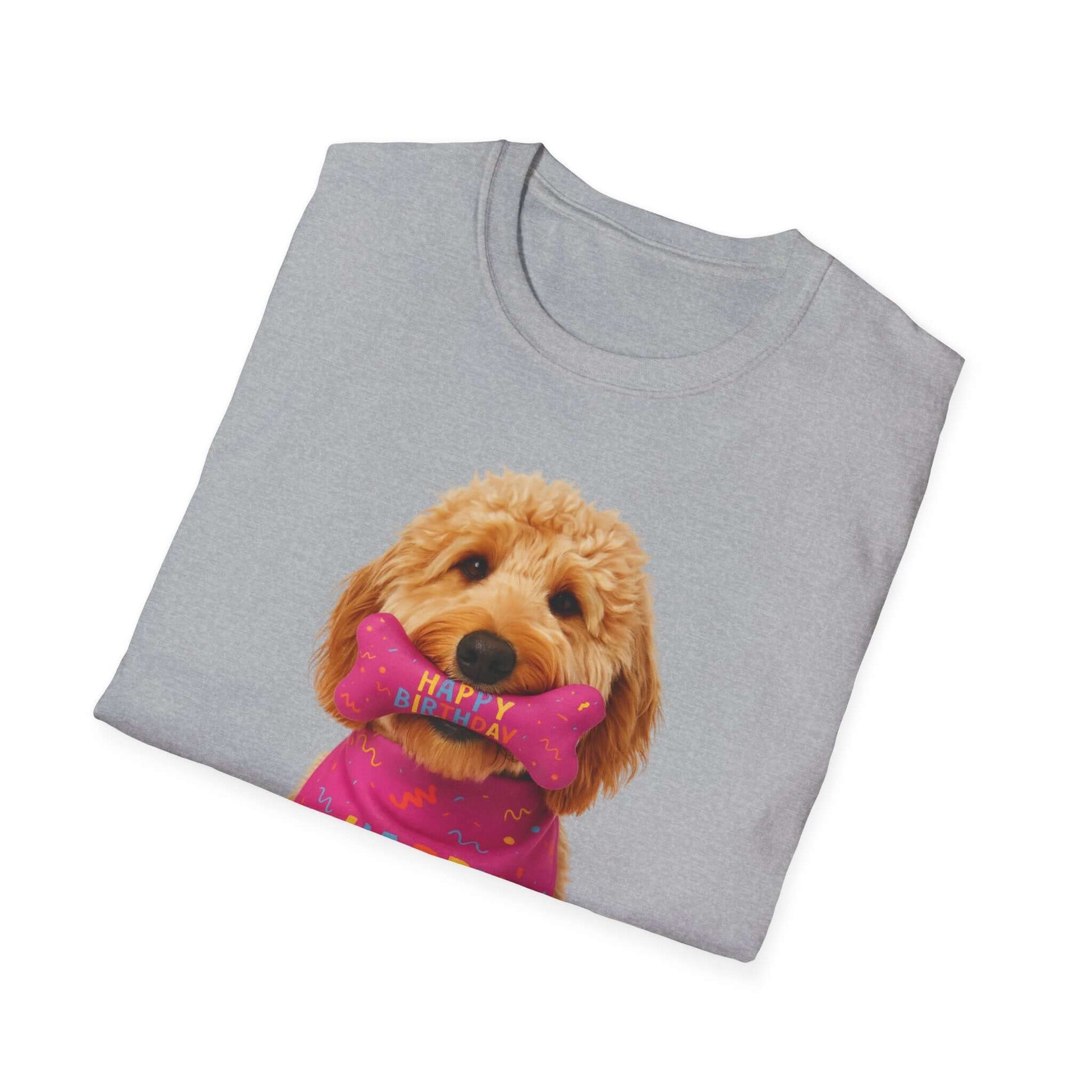Birthday Dog T-Shirt featuring a cute doodle dog with a bone; perfect pet accessory for dogs' birthday celebrations.