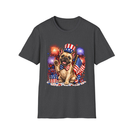 Black t-shirt with a dog graphic featuring American flags and fireworks on a white background