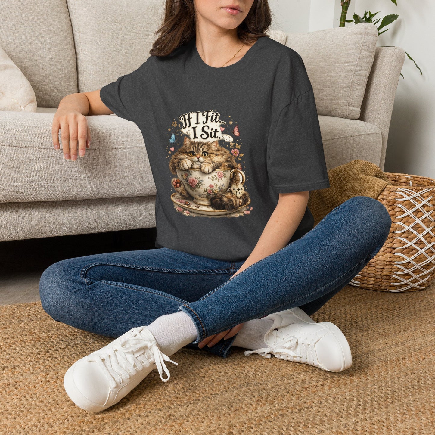 If I Fit... I Sit.™ Coffee Cup Cat Shirt | Funny Coffee Lover Kitty Tee | Cute Cat Lover Gift