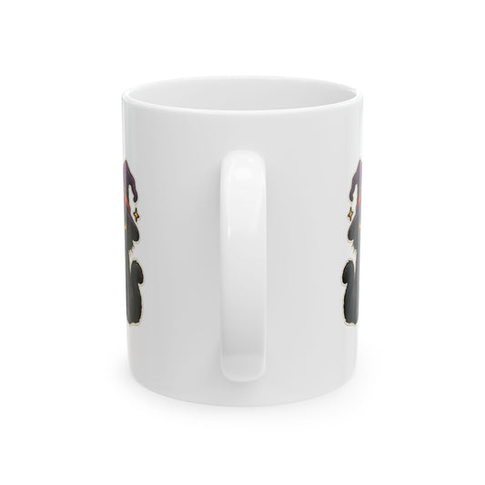 Black cat wearing a purple witch hat on white Halloween coffee mug  view from handleof cup