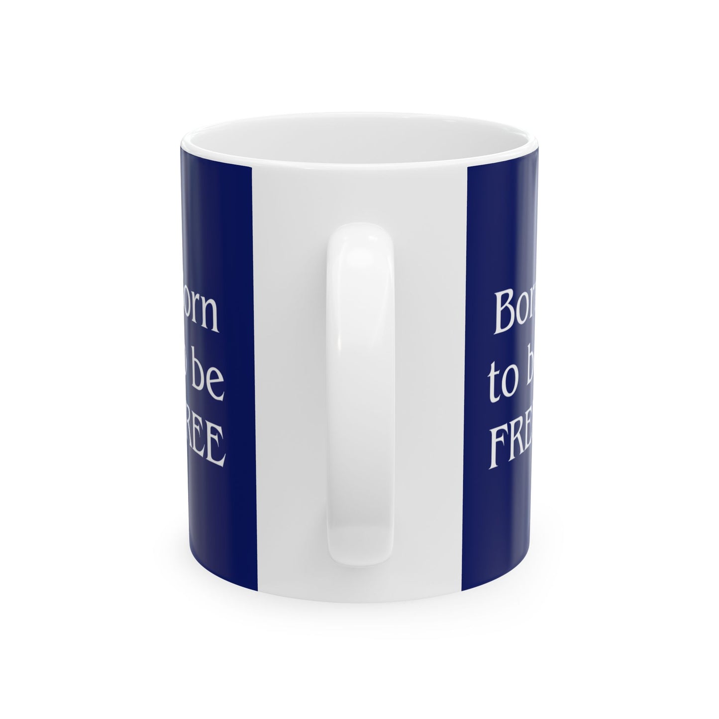 White mug with blue stripes and text on a white background