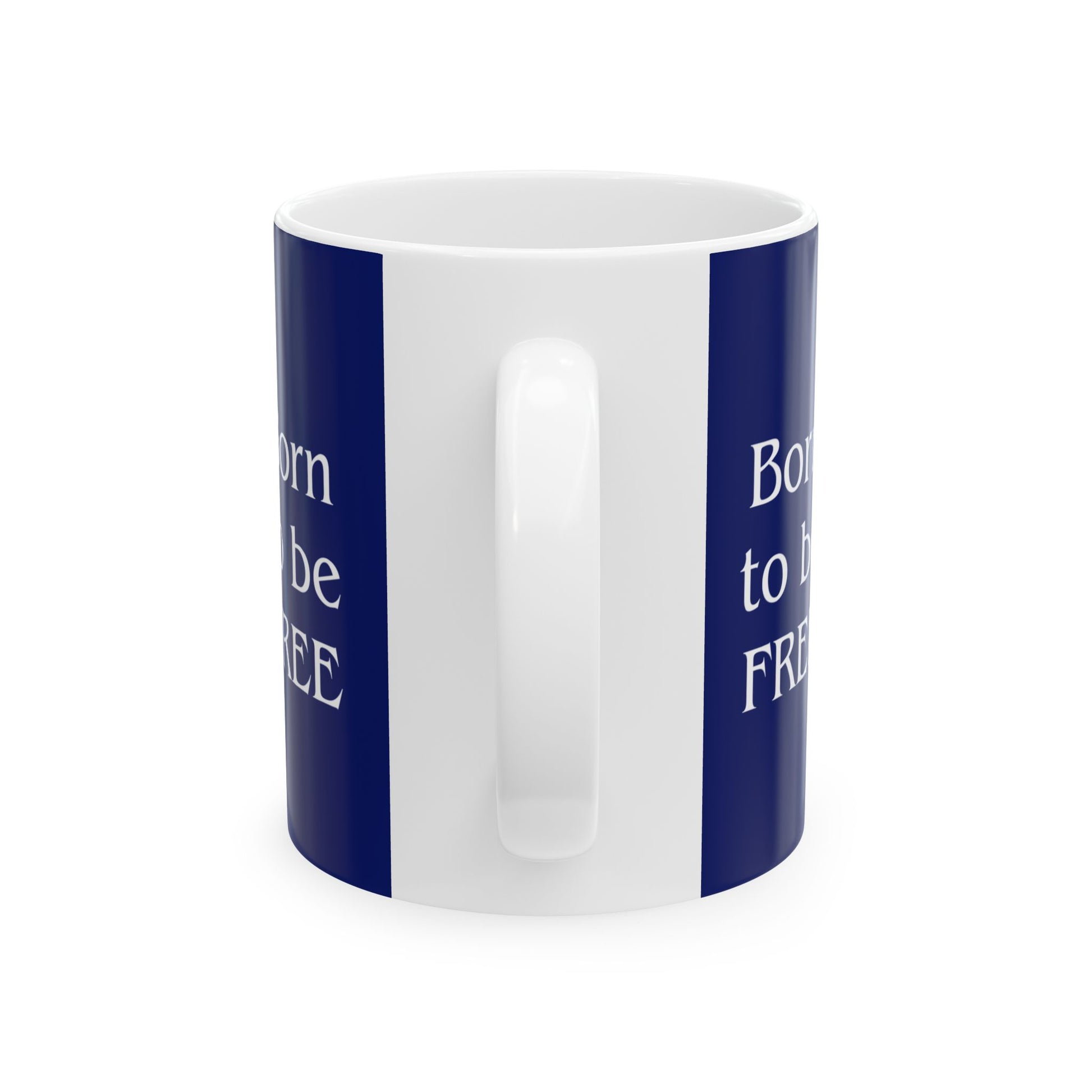 White mug with blue stripes and text on a white background