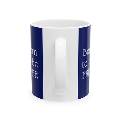 White mug with blue stripes and text on a white background