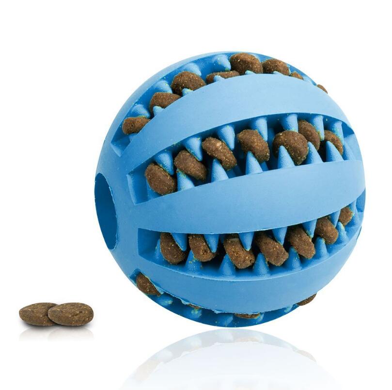 Blue dog toy ball with treats on a white background