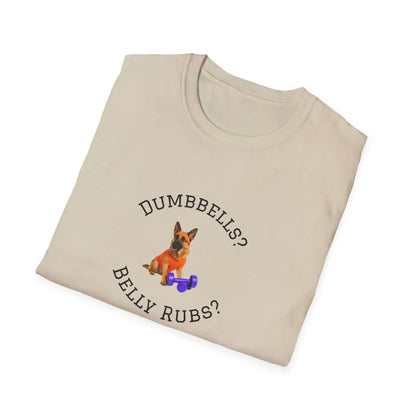 German Shepard Dog Lover Workout Tee –“Belly Rubs or Dumbbells?” featuring a cute dog and dumbbell design.