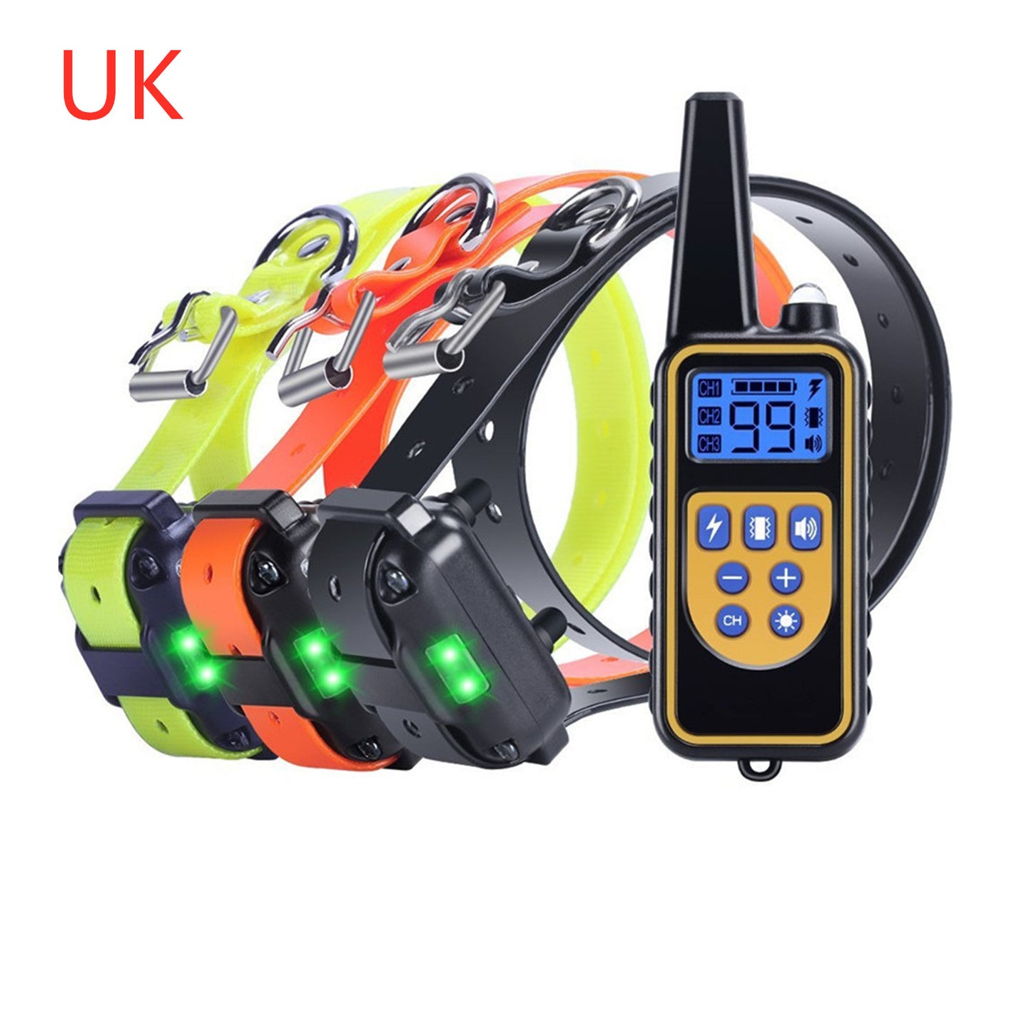 Dog training collars with a remote control device on a white background, labeled 'UK'.