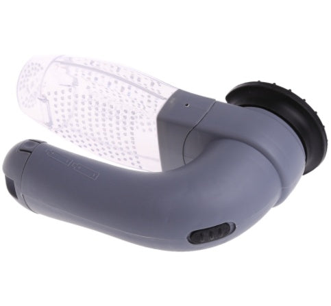 Gray and black device with a textured white component on a white background