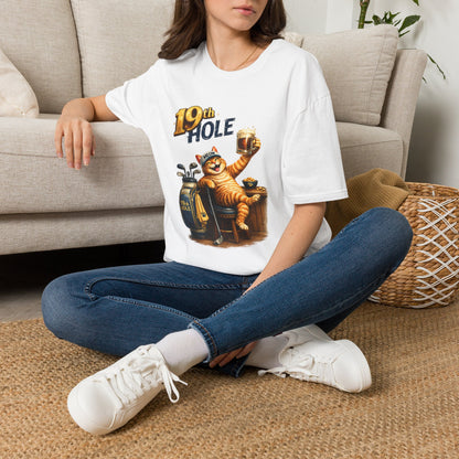 19th Hole funny cat golf T-shirt in white with orange tabby golfer