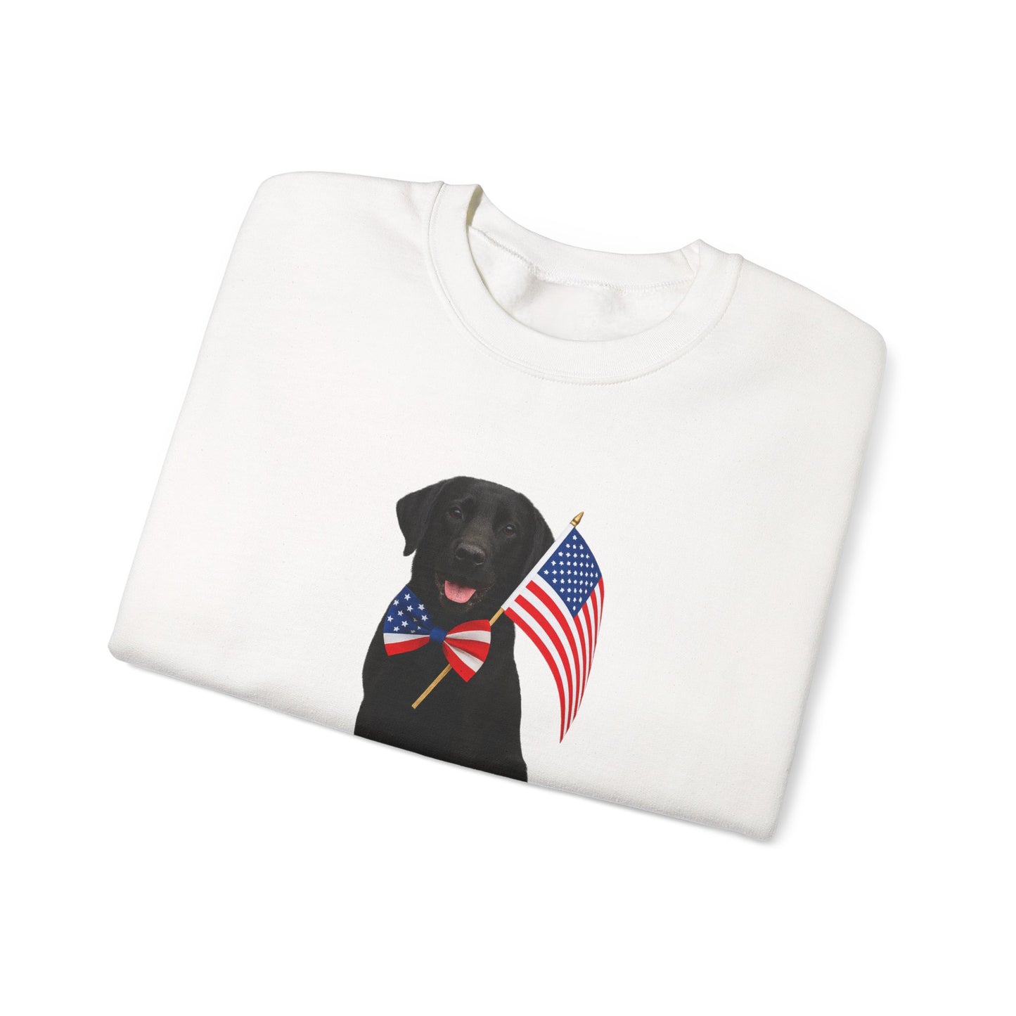 White sweatshirt with a black dog holding an American flag design on a white background
