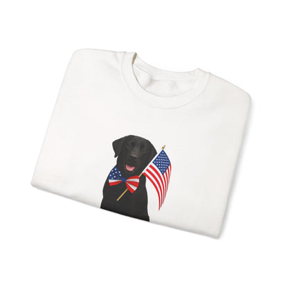 White sweatshirt with a black dog holding an American flag design on a white background