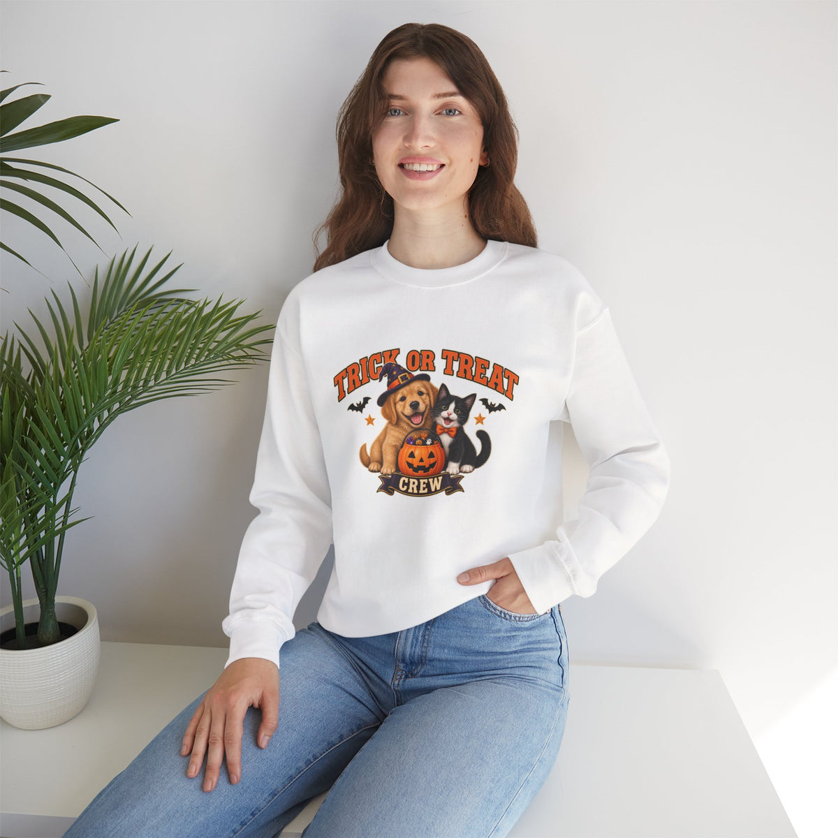 Trick or Treat Crew puppy and kitten Halloween sweatshirt in white
