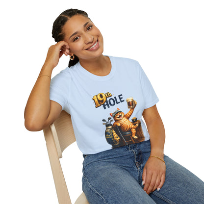 19th Hole funny cat golf T-shirt in light blue with orange tabby golfer